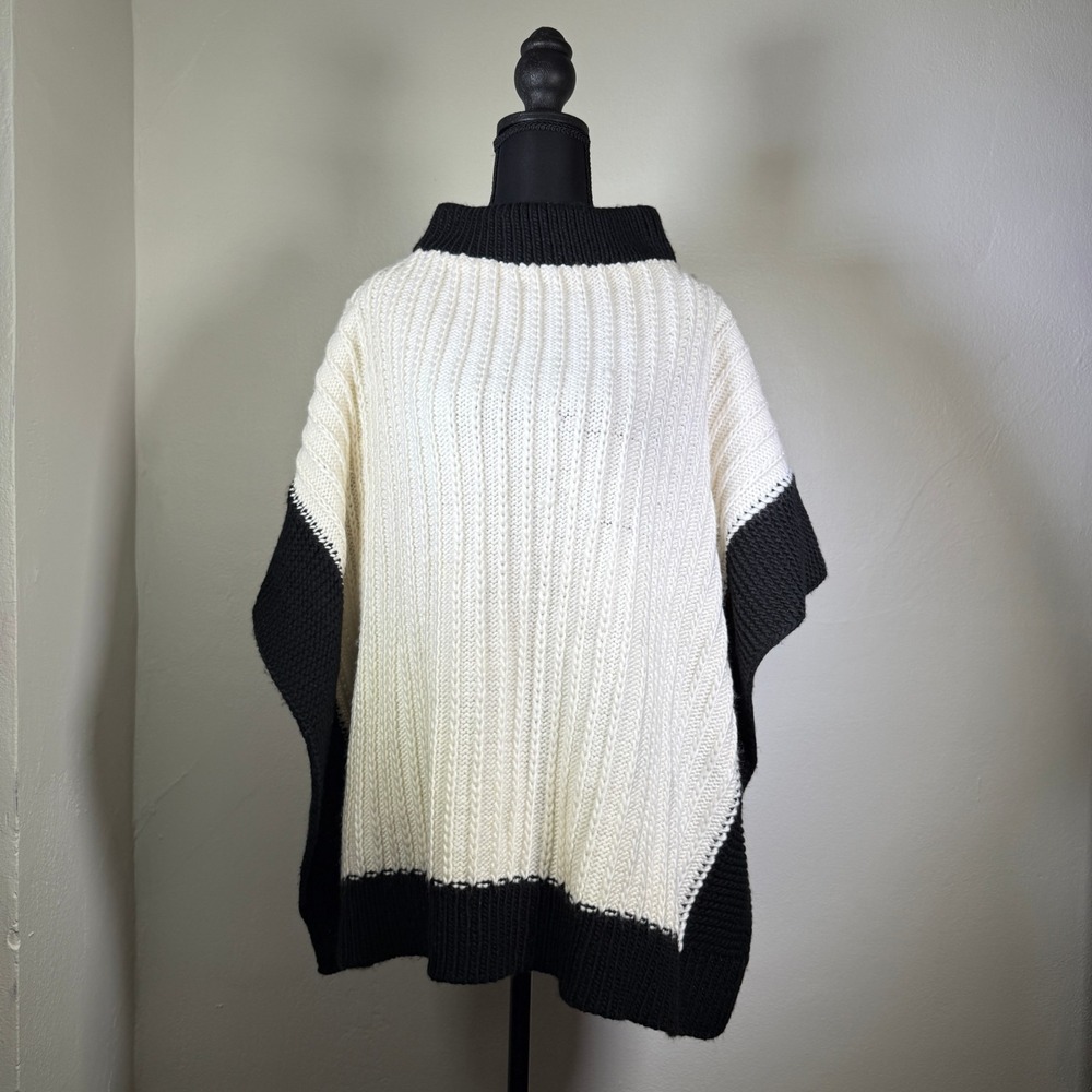 NWT Rebecca Minkoff Colorblock Rib Knit Poncho - Cream Black - Womens One Size